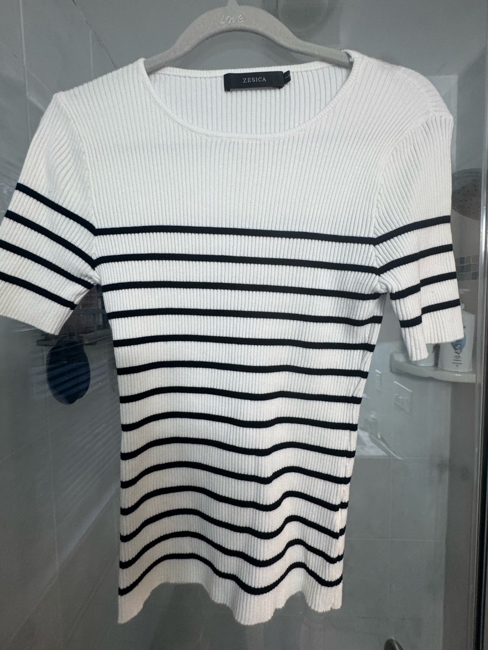 White & Black Striped Short Sleeve Ribbed Top